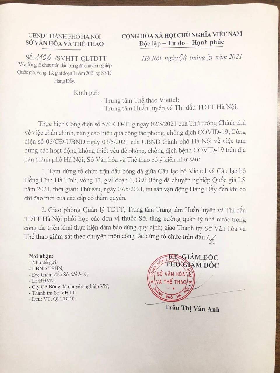 Vòng 13 V-League 2021: Hoãn trận Viettel vs Hà Tĩnh - Ảnh 2