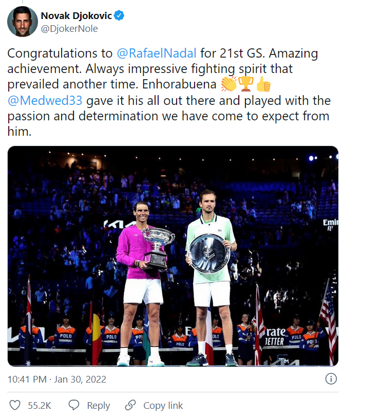 Djokovic và Federer chúc mừng 'siêu kỷ lục' của Nadal - Ảnh 2